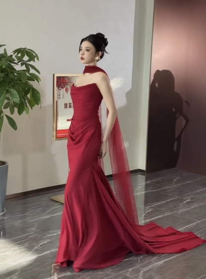 Pretty Mermaid Strapless Burgundy Satin Prom Dresses Formal Summer Wedding Guest Dresses Wedding Guest Outfits With Scarf DP2260