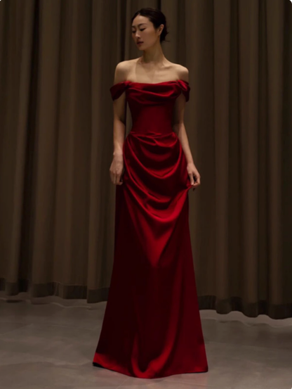Elegant Mermaid Off The Shoulder Burgundy Satin Prom Dresses Formal Summer Wedding Guest Dresses Wedding Guest Outfits DP2155