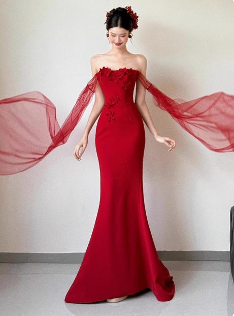 Pretty Mermaid Strapless Burgundy Prom Dresses Formal Summer Wedding Guest Dresses Wedding Guest Outfits DP2263