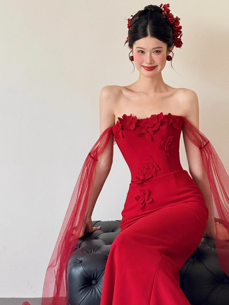 Pretty Mermaid Strapless Burgundy Prom Dresses Formal Summer Wedding Guest Dresses Wedding Guest Outfits DP2263