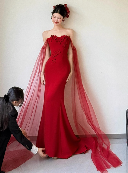 Pretty Mermaid Strapless Burgundy Prom Dresses Formal Summer Wedding Guest Dresses Wedding Guest Outfits DP2263