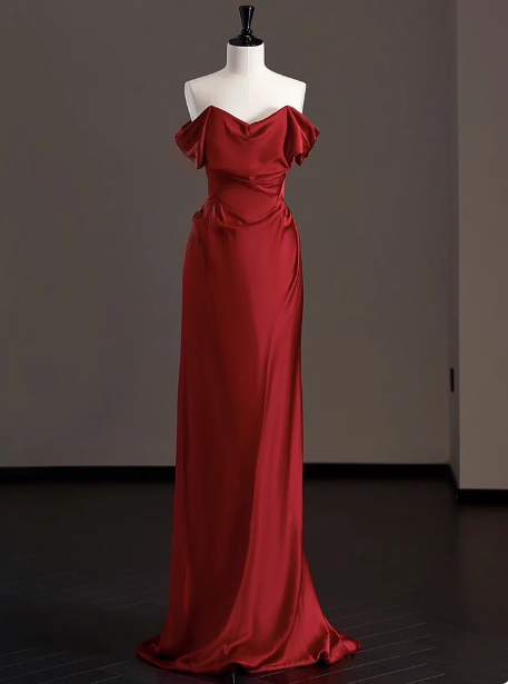 Elegant Sheath Off The Shoulder Red Satin Prom Dresses Formal Summer Wedding Guest Dresses Wedding Guest Outfits DP2264