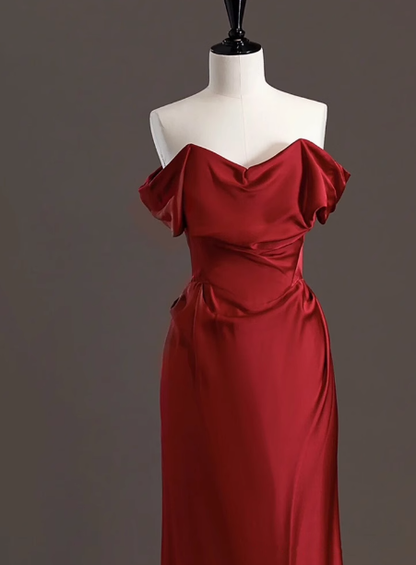 Elegant Sheath Off The Shoulder Red Satin Prom Dresses Formal Summer Wedding Guest Dresses Wedding Guest Outfits DP2264