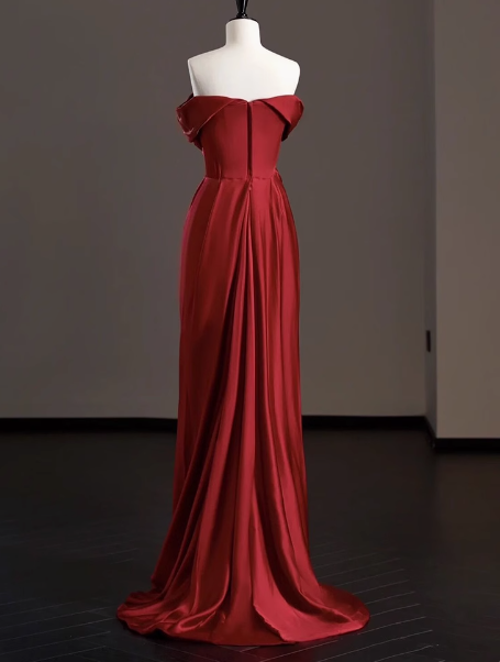 Elegant Sheath Off The Shoulder Red Satin Prom Dresses Formal Summer Wedding Guest Dresses Wedding Guest Outfits DP2264