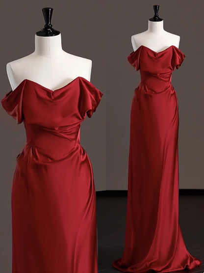 Elegant Sheath Off The Shoulder Red Satin Prom Dresses Formal Summer Wedding Guest Dresses Wedding Guest Outfits DP2264