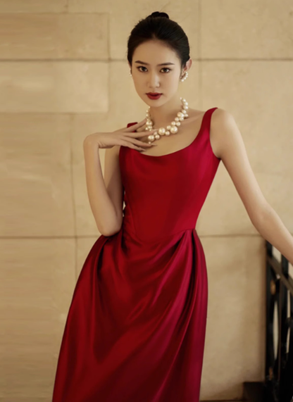 Elegant Sheath Square Neck Red Satin Prom Dresses Summer Wedding Guest Dresses Wedding Guest Outfits DP2264