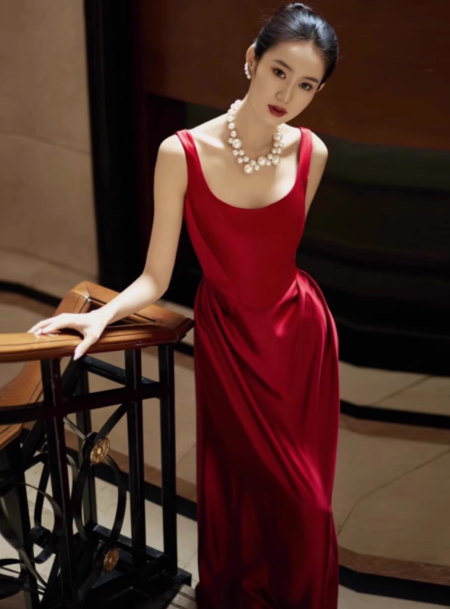 Elegant Sheath Square Neck Red Satin Prom Dresses Summer Wedding Guest Dresses Wedding Guest Outfits DP2264