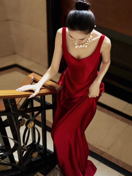 Elegant Sheath Square Neck Red Satin Prom Dresses Summer Wedding Guest Dresses Wedding Guest Outfits DP2264