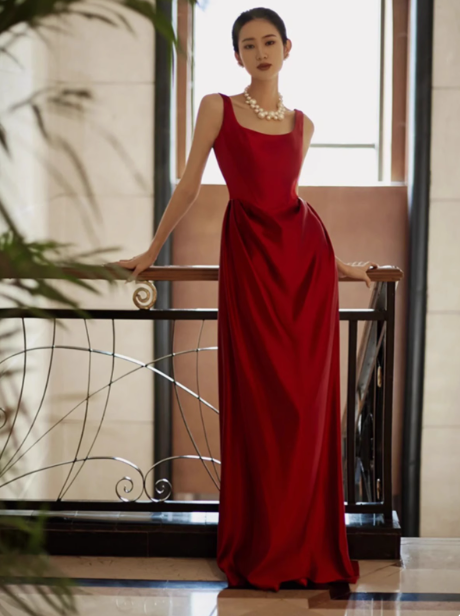 Elegant Sheath Square Neck Red Satin Prom Dresses Summer Wedding Guest Dresses Wedding Guest Outfits DP2264