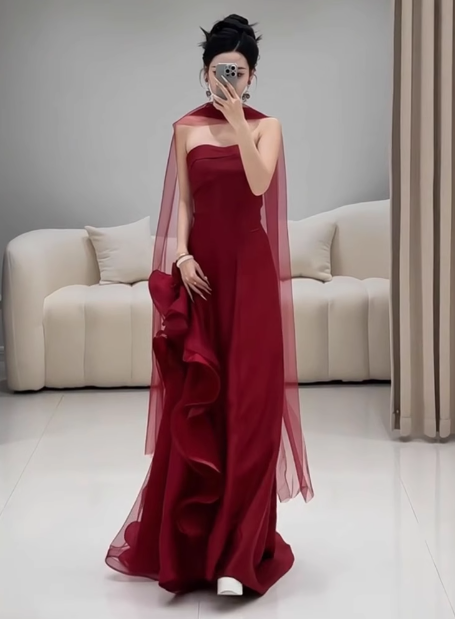 Gorgeous Sheath Strapless Burgundy Satin Prom Dresses Formal Summer Wedding Guest Dresses Wedding Guest Outfits With Scarf DP2267