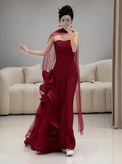 Gorgeous Sheath Strapless Burgundy Satin Prom Dresses Formal Summer Wedding Guest Dresses Wedding Guest Outfits With Scarf DP2267