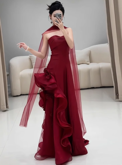 Gorgeous Sheath Strapless Burgundy Satin Prom Dresses Formal Summer Wedding Guest Dresses Wedding Guest Outfits With Scarf DP2267