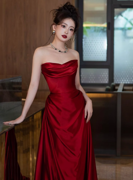 Elegant Sheath Sweetheart Burgundy Satin Prom Dresses Formal Summer Wedding Guest Dresses Wedding Guest Outfits DP2268