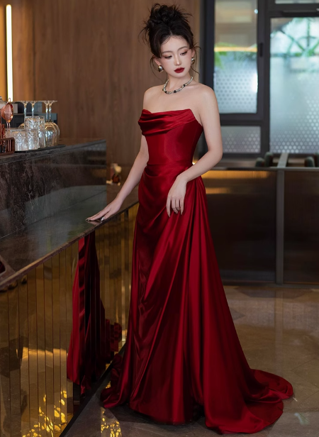 Elegant Sheath Sweetheart Burgundy Satin Prom Dresses Formal Summer Wedding Guest Dresses Wedding Guest Outfits DP2268