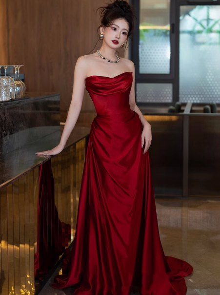 Elegant Sheath Sweetheart Burgundy Satin Prom Dresses Formal Summer Wedding Guest Dresses Wedding Guest Outfits DP2268