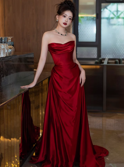 Elegant Sheath Sweetheart Burgundy Satin Prom Dresses Formal Summer Wedding Guest Dresses Wedding Guest Outfits DP2268