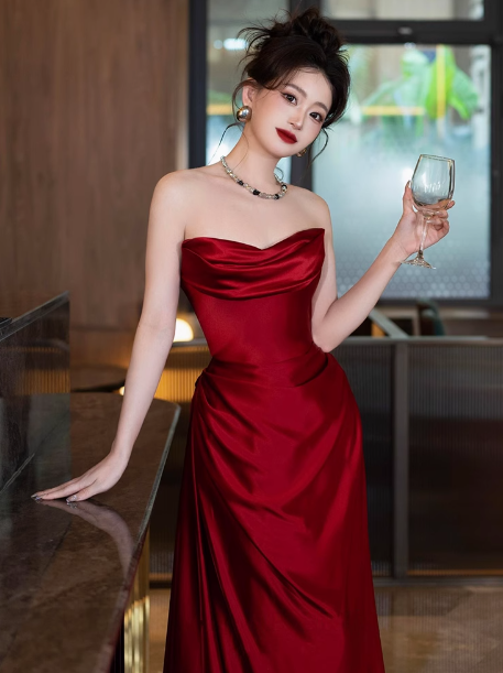 Elegant Sheath Sweetheart Burgundy Satin Prom Dresses Formal Summer Wedding Guest Dresses Wedding Guest Outfits DP2268