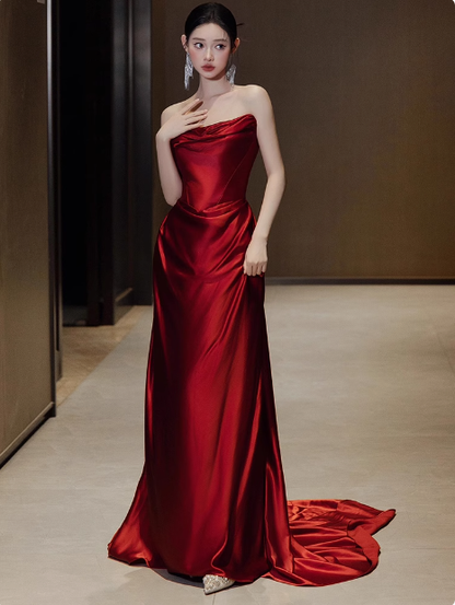 Gorgeous Mermaid Strapless Burgundy Prom Dresses Formal Summer Wedding Guest Dresses Wedding Guest Outfits DP2270