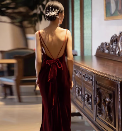 Elegant Sheath Spaghetti Straps Burgundy Velvet Prom Dresses Formal Summer Wedding Guest Dresses Wedding Guest Outfits DP2274