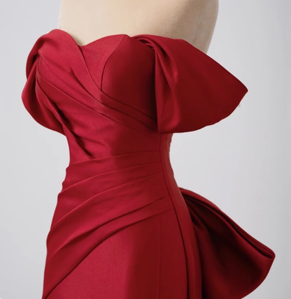 Elegant Mermaid Off The Shoulder Red Satin Prom Dresses Formal Summer Wedding Guest Dresses Wedding Guest Outfits DP2275