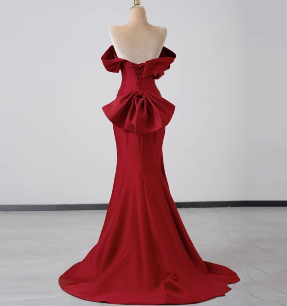 Elegant Mermaid Off The Shoulder Red Satin Prom Dresses Formal Summer Wedding Guest Dresses Wedding Guest Outfits DP2275