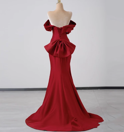 Elegant Mermaid Off The Shoulder Red Satin Prom Dresses Formal Summer Wedding Guest Dresses Wedding Guest Outfits DP2275