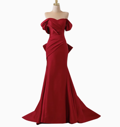 Elegant Mermaid Off The Shoulder Red Satin Prom Dresses Formal Summer Wedding Guest Dresses Wedding Guest Outfits DP2275