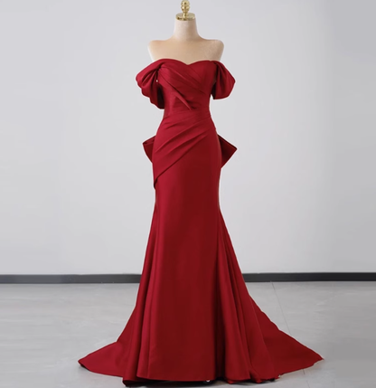 Elegant Mermaid Off The Shoulder Red Satin Prom Dresses Formal Summer Wedding Guest Dresses Wedding Guest Outfits DP2275