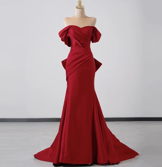 Elegant Mermaid Off The Shoulder Red Satin Prom Dresses Formal Summer Wedding Guest Dresses Wedding Guest Outfits DP2275