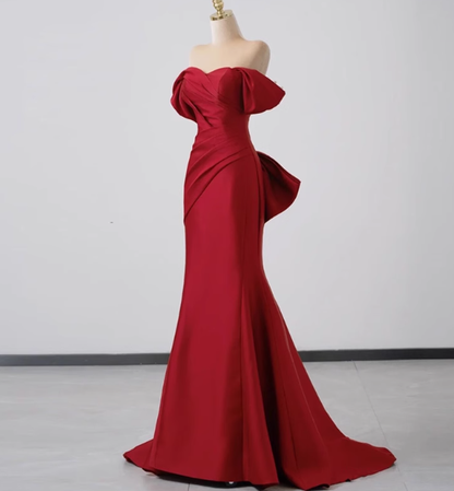 Elegant Mermaid Off The Shoulder Red Satin Prom Dresses Formal Summer Wedding Guest Dresses Wedding Guest Outfits DP2275