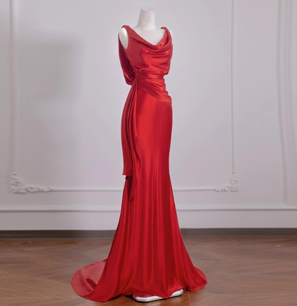 Elegant Mermaid V Neck Red Satin Prom Dresses Formal Summer Wedding Guest Dresses Wedding Guest Outfits DP2277