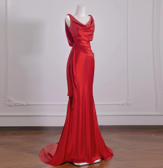 Elegant Mermaid V Neck Red Satin Prom Dresses Formal Summer Wedding Guest Dresses Wedding Guest Outfits DP2277