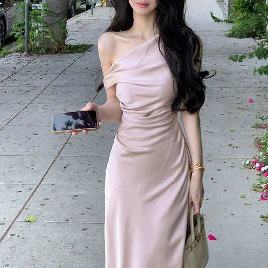 Sexy Sheath One Shoulder Pink Satin Prom Dresses Formal Summer Wedding Guest Dresses Wedding Guest Outfits DP2282