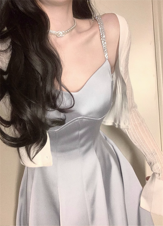 Classy A line Straps Dusty Blue Satin Prom Dresses Formal Summer Wedding Guest Dresses Wedding Guest Outfit DP2285