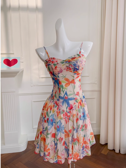 Sexy A line Spaghetti Straps Floral Chiffon Short Homecoming Dress Summer Hoco Dresses Cocktail Dress Birthday Outfits DP2288