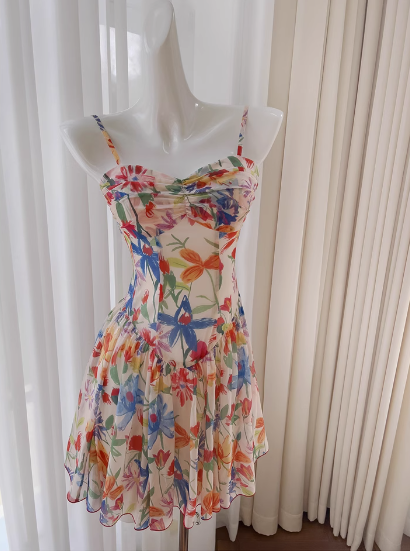 Sexy A line Spaghetti Straps Floral Chiffon Short Homecoming Dress Summer Hoco Dresses Cocktail Dress Birthday Outfits DP2288