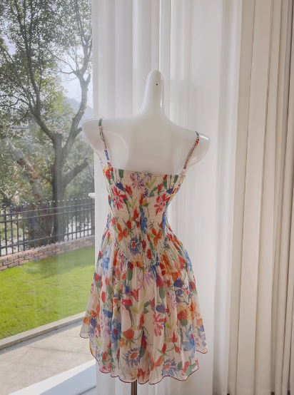 Sexy A line Spaghetti Straps Floral Chiffon Short Homecoming Dress Summer Hoco Dresses Cocktail Dress Birthday Outfits DP2288