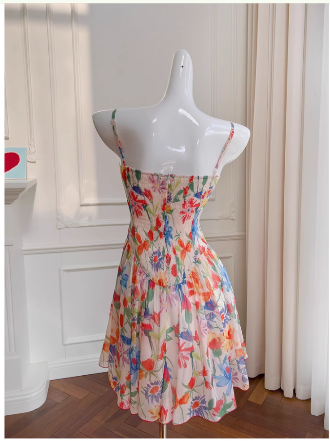 Sexy A line Spaghetti Straps Floral Chiffon Short Homecoming Dress Summer Hoco Dresses Cocktail Dress Birthday Outfits DP2288