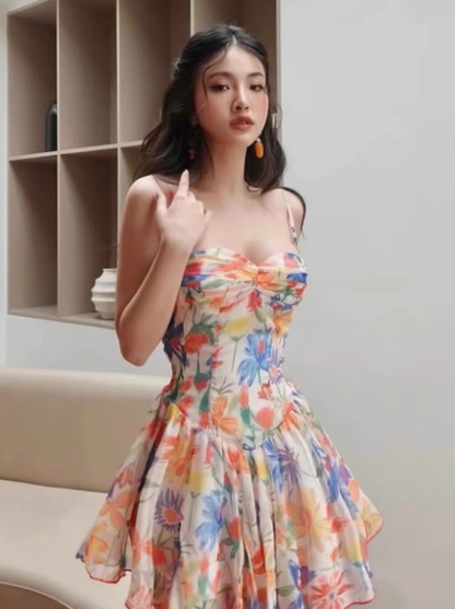 Sexy A line Spaghetti Straps Floral Chiffon Short Homecoming Dress Summer Hoco Dresses Cocktail Dress Birthday Outfits DP2288