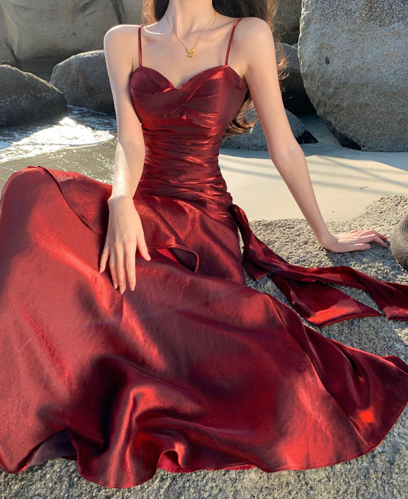 Elegant Mermaid Spaghetti Straps Sleeveless Burgundy Long Evening Dress Prom Dresses DP228