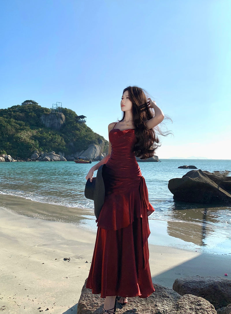 Elegant Mermaid Spaghetti Straps Sleeveless Burgundy Long Evening Dress Prom Dresses DP228