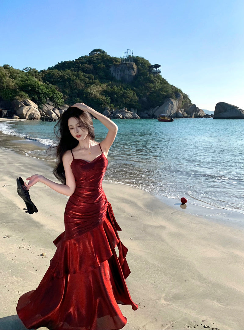 Modest Mermaid Spaghetti Straps Sleeveless Maroon Red Long Prom Gown Prom Dresses DP237