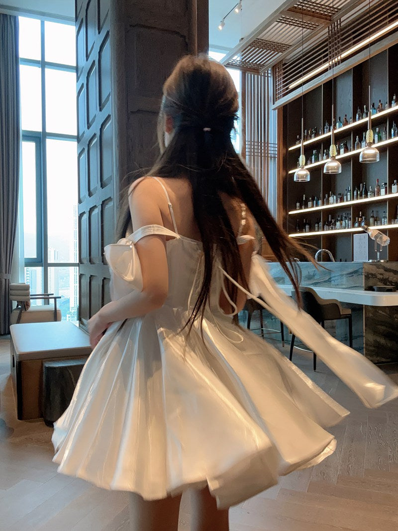 Sexy A line Spaghetti Straps Satin White Short Homecoming Dress Summer Hoco Dresses Cocktail Dress Birthday Outfits DP2290