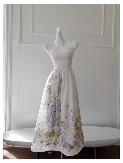 Elegant A line Spaghetti Straps Floral White Prom Dresses Formal Summer Wedding Guest Dresses Wedding Guest Outfit DP2296