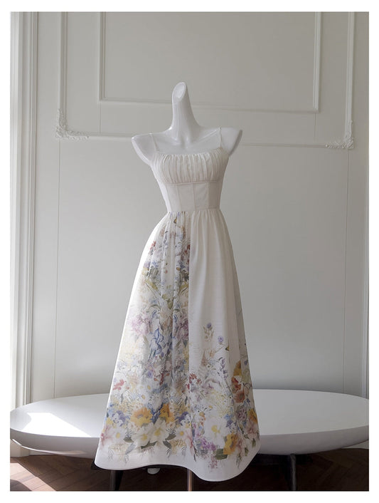 Elegant A line Spaghetti Straps Floral White Prom Dresses Formal Summer Wedding Guest Dresses Wedding Guest Outfit DP2296