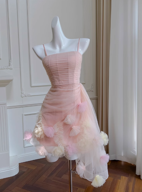 Sexy A line Spaghetti Straps Pink Tulle Short Homecoming Dresses Summer Hoco Dresses Cocktail Dress Birthday Outfits DP2297