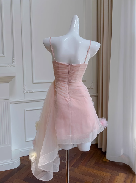 Sexy A line Spaghetti Straps Pink Tulle Short Homecoming Dresses Summer Hoco Dresses Cocktail Dress Birthday Outfits DP2297