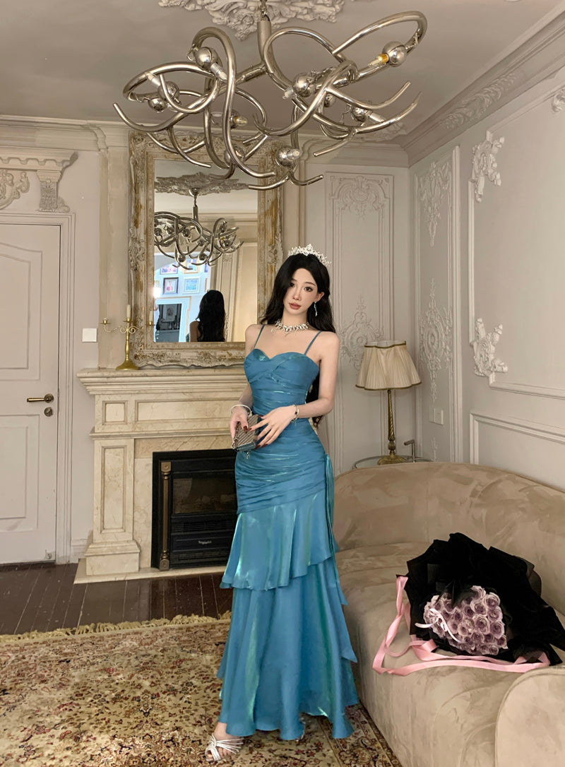 Pretty Mermaid Spaghetti Straps Sleeveless Blue Prom Gown Long Evening Dress Prom Dresses DP229