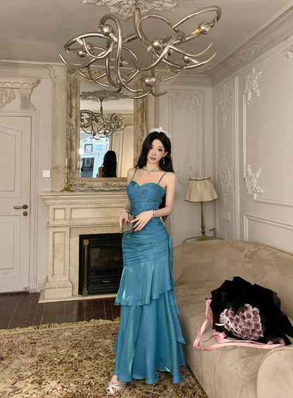 Pretty Mermaid Spaghetti Straps Sleeveless Blue Prom Gown Long Evening Dress Prom Dresses DP229