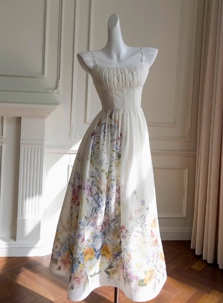 Elegant A line Spaghetti Straps Floral White Prom Dresses Formal Summer Wedding Guest Dresses Wedding Guest Outfit DP2300